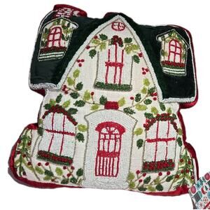 Christmas Gingerbread House Beaded Pillow NWT Red Green White Holiday Novogratz